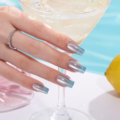 VSALON Medium Coffin Press on Nails - B3-1 Polar Glimmer, Icy Blue Ombre Cat Eye