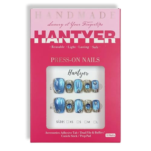 Hantyer Baroque Blue Cat Eye Press On Nails - Luxury Gold Coffin Set