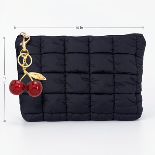 CECKQUE BK-CHy-R Black Puffer Quilted Makeup Bag with Wrist Strap, 10-Inch Travel Cosmetic Organizer