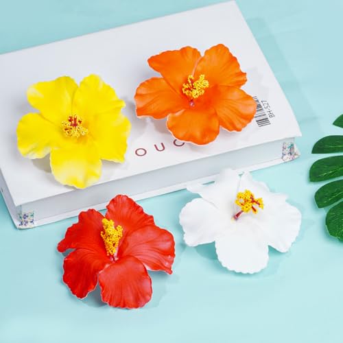 Hawaiian Flower Hair Clips - 4 Pcs Plumeria & Hibiscus, 3.5 Inch