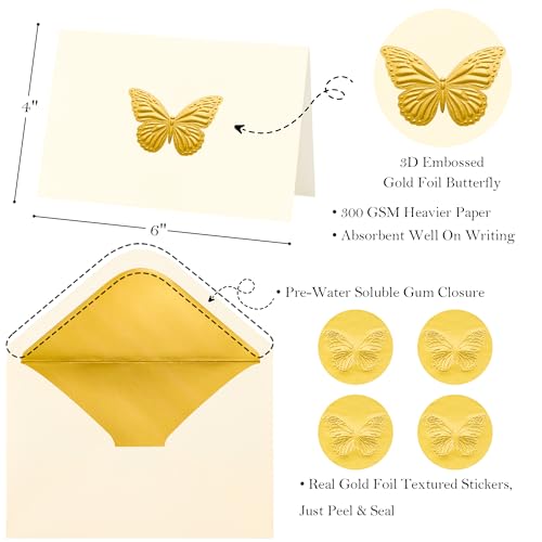 Crisky 25 Pack Blank Greeting Cards with Envelopes & Stickers - 4x6 Gold Foil Butterfly Design