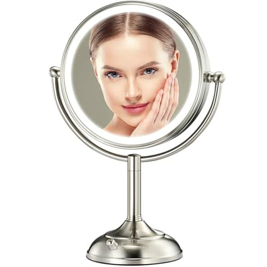 Professional 8.5" Large Lighted Makeup Mirror with Brighter Lights, 1X/10X True HD Magnifying Mirror with 3 Color Dimmable Lights, 90 Shadowless LEDs, 360¡ÆSwivel Seamless Vanity Mirror, Pearl Nickel