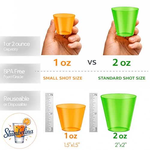 Stumbelina 100 Count Neon Plastic Shot Glasses - 1 oz Colorful Party Cups