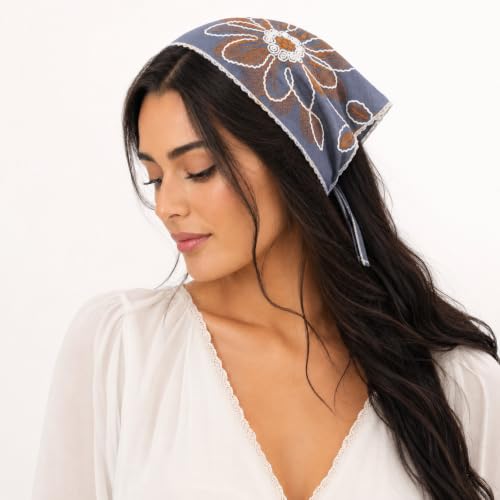 Dusty Blue Floral Embroidered Triangle Head Scarf for Women