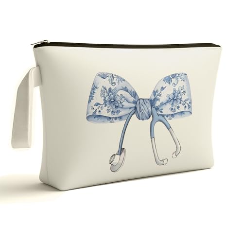 Chinoiserie Makeup Bag with Pink Bow | Blue White Floral | ARPTCN | Large Capacity Toiletry Pouch - White-026