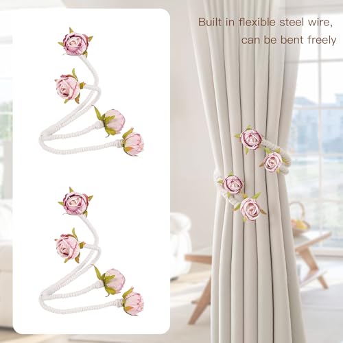 Elegant Pink Rose Curtain Tiebacks - 2pcs Artificial Flower Holdbacks