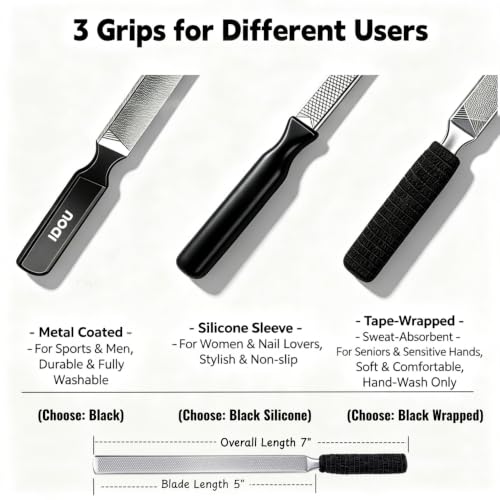 IDOU 2PCS Heavy Duty Nail File for Thick Toenails, Coarse & Fine Grit with Black Silicone Handle