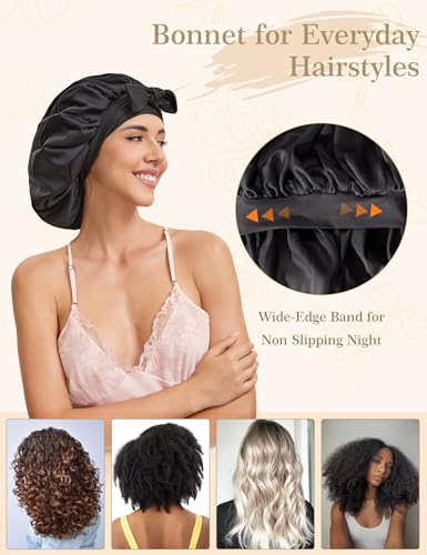 KAAHYNNO Silk Satin Hair Bonnet for Sleeping - Midnight Black Anti-Frizz