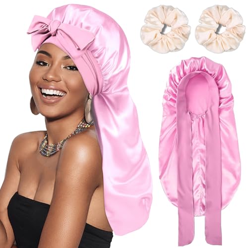 Silk Satin Hair Bonnet for Sleeping with Scrunchies - Pink