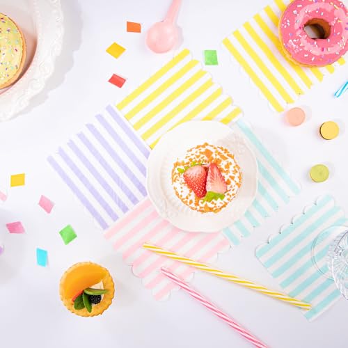 100 Pastel Striped Disposable Cocktail Napkins - 5x5 Inches Scalloped Design for Parties