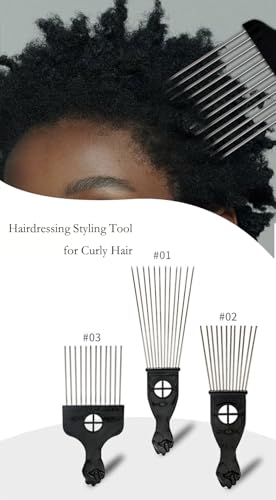 3 Pack Afro Pick Combs for Curly Hair - Black Metal & Plastic Detangling Styling Tools