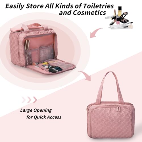 Pink Travel Toiletry Bag for Women, Large Waterproof Cosmetic Organizer with Handle