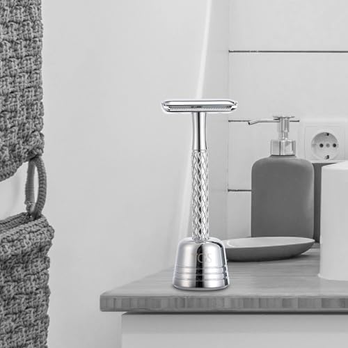 THE GROOMING SOCIETY Double Edge Safety Razor Set - Silver with Stand
