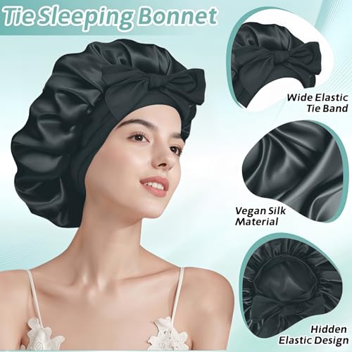 VECIIR Silk Bonnet for Sleeping Women, Ajustable Hair Bonnet for Curly Hairs Satin Bonnet Reduce Friction Prevent Frizz Black£¬Large