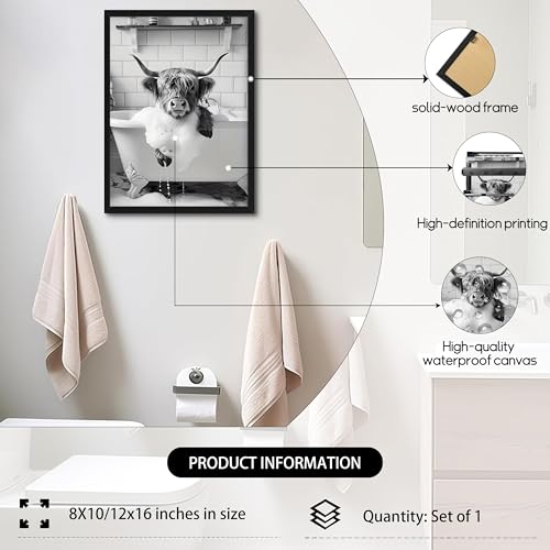 Funny Highland Cow Bathroom Wall Art - Black & White Canvas Print 10x8