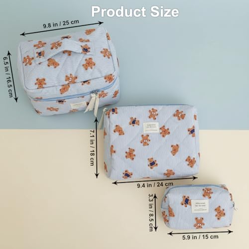 Pink Women Adorable Quilted Cosmetic Bag Set - 3-Piece Travel Makeup Organizer with Zipper