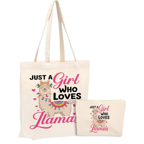 Cute Llamas Canvas Tote Bag with Makeup Bag for Women | jeilink