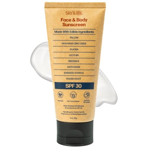 Sky and Sol Natural Mineral Sunscreen SPF 30 3 oz: Natural Tallow & Zinc Oxide, Reef Safe, Water Resistant, Fragrance-Free, Non-Greasy Formula for Face and Body