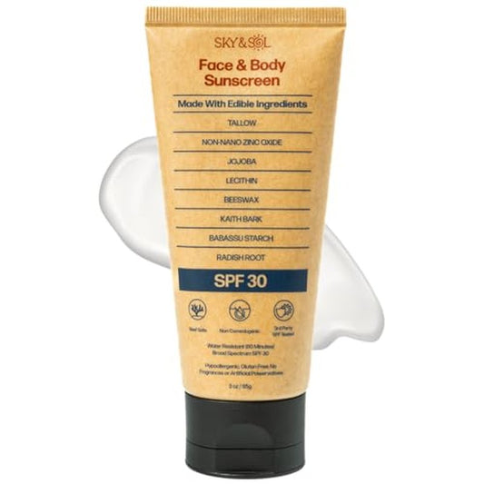 Sky and Sol Natural Mineral Sunscreen SPF 30 3 oz: Natural Tallow & Zinc Oxide, Reef Safe, Water Resistant, Fragrance-Free, Non-Greasy Formula for Face and Body