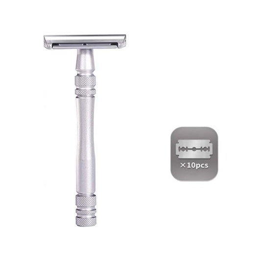 Men's and Women's Manual Razor Safety Razor with 10 Double Edge Blades, Double Edge Razor, Eco-Friendly, Smooth Close Shave, Plastic-Free, Easy to Carry for Traveling at Home (Silver)
