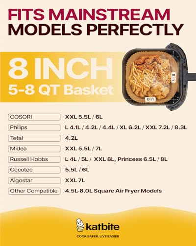 Katbite Disposable Air Fryer Liners - 8 Inch, 130 Pack, Non-Stick