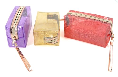 YunZh 3Pcs Clear PVC Cosmetic Bags Set - Waterproof Toiletry Bags in Red Purple Orange