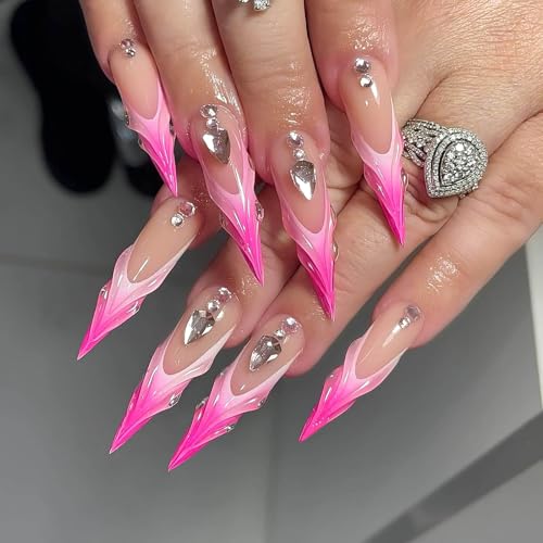 RUOKEXIN Long Stiletto Press On Nails 24Pcs French Tip Ombre with Rhinestones 3D Glossy Extra Long New Long Style 40