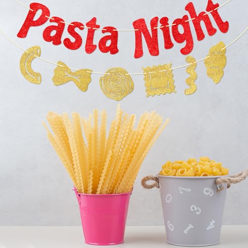Pasta Night Banner | Italian Party Decorations in Red & Gold Glitter