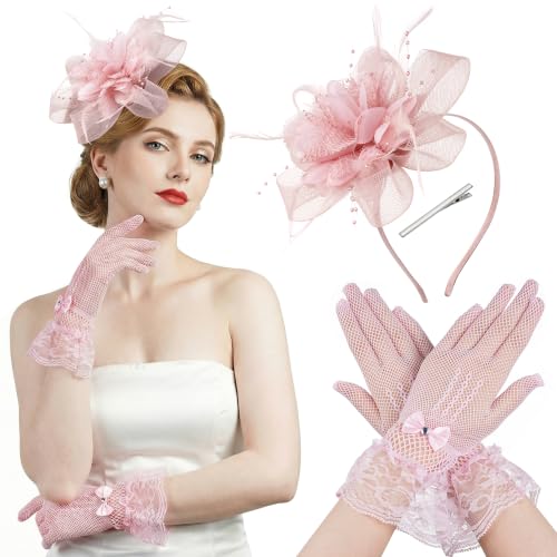 Elegant Women's Fascinator Hat with Lace Gloves for Tea Parties