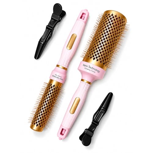 Ceramic Ionic Round Hair Brush Set for Blow Drying - 2pc Kit with Clips