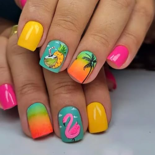 24PCS Tropical Press On Nails - Summer Flamingo & Pineapple Design