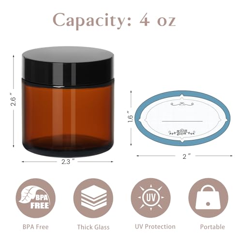Qeirudu 4 oz Amber Glass Jars with Lids - 12 Pack, UV Protection & Leak-proof