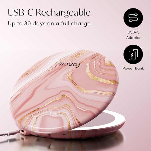 Fancii Taylor LED Lighted Travel Makeup Mirror, Rechargeable, 10x /1x Magnifying, Tru-Glow Lighting System, XL Large 5¡± Wide | Compact Mirror for Purses (Marble Rose)