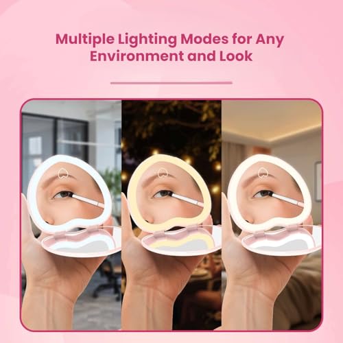 Pink LED Travel Makeup Mirror - 1X/2X Magnifying, Dimmable & USB Rechargeable