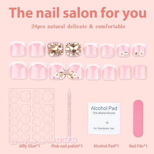 24 Pcs Gold Glitter Press On Toenails with Flower Designs