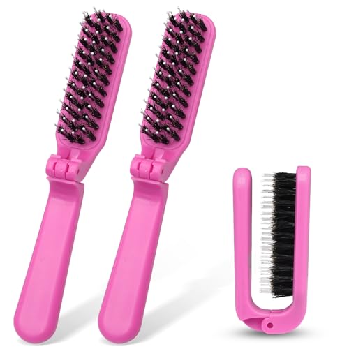2 Pack Foldable Boar Bristle Hair Brush - Travel Size Pink