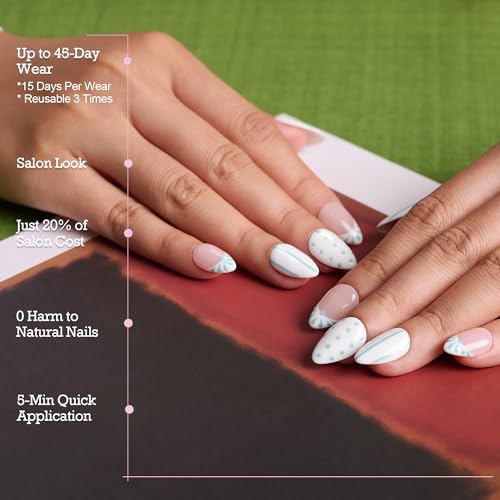 Polka Dot & Stripe French Short Almond Press On Nails MOKAYIMO 45-Day Wear Kit