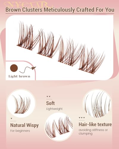 NYCAAR Brown Wispy Lash Clusters Kit with Clear Seal & Glue - Honey Kiss Variation, 8-16mm Natural DIY Eyelash Extension