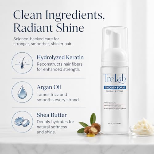 TreLab Hair Mousse - Instant Smoothing Foam with Keratin & Argan Oil, 4 Fl Oz