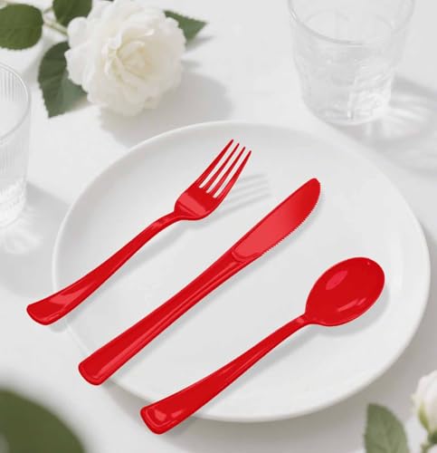 HEIPINIUYE Red Plastic Cutlery Set - 75 Pack for 25 Guests