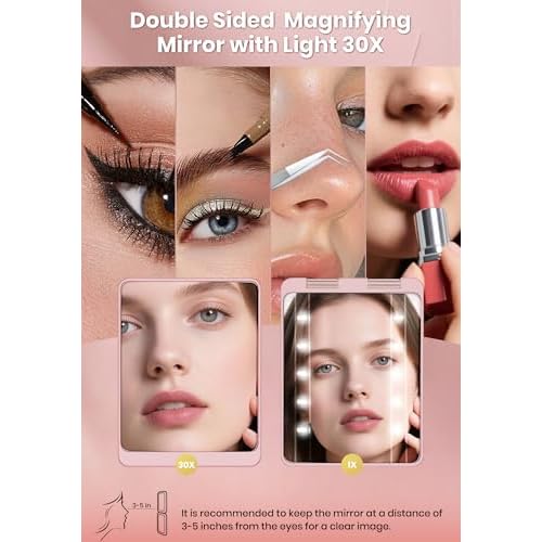 Compact Mirror, Rechargeable 30X Magnifying Mirror with 3 Lighting Modes & Dimmable Brightness, Portable Travel Makeup Mirror with Light, Essentials for Travel, Pocket, Purse Pink