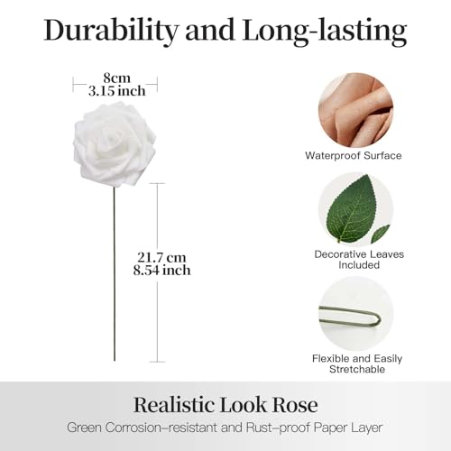 25 Pcs White Artificial Foam Roses - Realistic Fake Flowers for Weddings & Home Decor