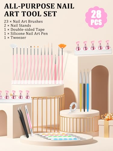YOOVR Pink 28-in-1 Nail Art Tools Set with Stand - Professional Nail Brushes & Accessories