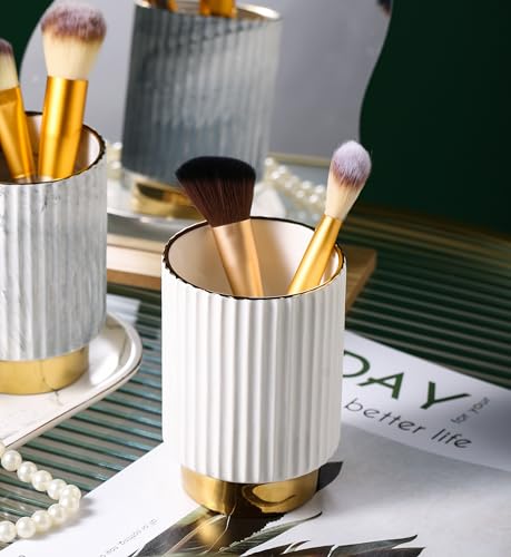 IEEK White Ceramic Makeup Brush Holder Organizer with Gold Accents