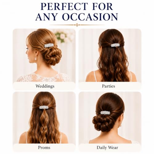 LUXXII 2 Pack Silver Rhinestone Hair Barrettes for Bridal & Special Occasions