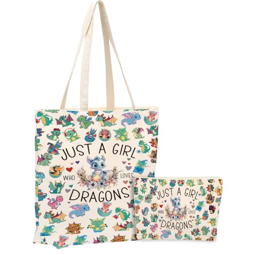 Dragon Print Canvas Tote Bag with Matching Cosmetic Zipper Pouch Set