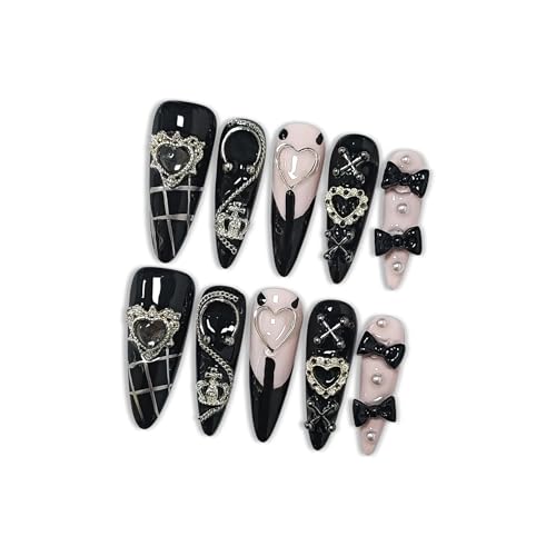 Gothic Y2K Press On Nails A173 / M - Long Stiletto Black & White with Charms