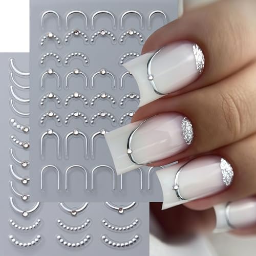 4 Pcs French Line Nail Art Stickers with Rhinestones - Self-Adhesive 5D Designs