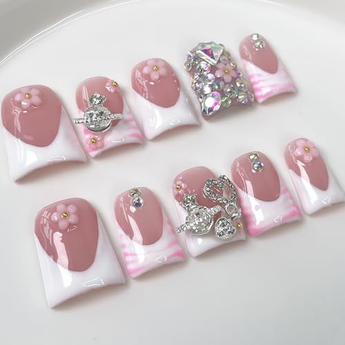 Luxury Medium Almond Press on Nails - French Tip with Flower & Rhinestones