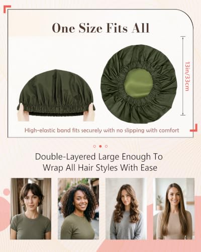 Edoneery Green Satin-Lined Waterproof Shower Cap for Women - Large Size, Reusable & Stylish